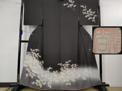 平和屋本店●極上　名門染元　秀美　十日町友禅　訪問着　枝花文　紫黒色地　暈し染め　逸品　未使用　DZAB5192kh6