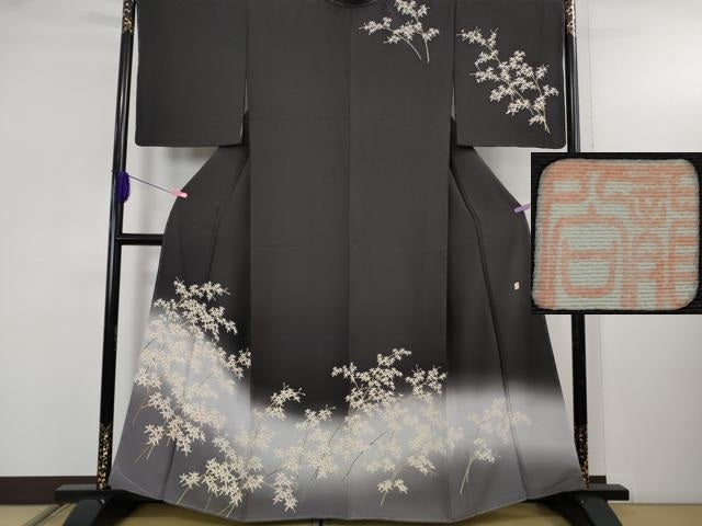 平和屋本店●極上　名門染元　秀美　十日町友禅　訪問着　枝花文　紫黒色地　暈し染め　逸品　未使用　DZAB5192kh6