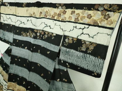 平和屋本店●極上　本疋田絞り　訪問着　枝桜　横段舞桜　黒地　金彩　逸品　DZAB5194kh6