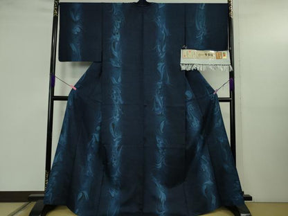 平和屋本店▽極上 石川県指定無形文化財 牛首紬 白山工房 手織り 単衣 BANKANわものや　墨流し文様　証紙付き　逸品　未使用　DZAB5197kh6