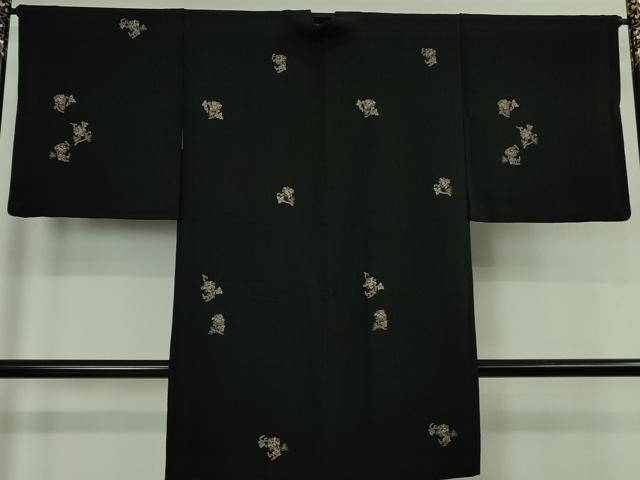 平和屋着物∞極上　長羽織　印傳　草花文　黒地　羽織紐付き　逸品　DZAB5214kh6