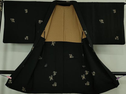 平和屋着物∞極上　長羽織　印傳　草花文　黒地　羽織紐付き　逸品　DZAB5214kh6