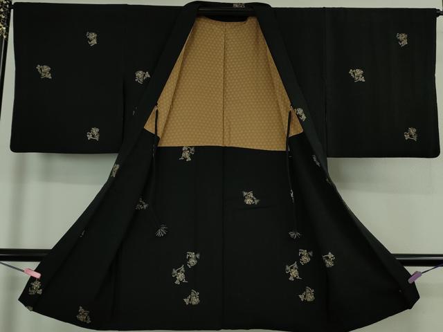 平和屋着物∞極上　長羽織　印傳　草花文　黒地　羽織紐付き　逸品　DZAB5214kh6