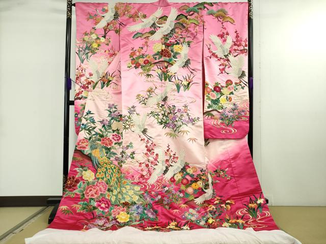 平和屋本店●極上　中国三大刺繍 相良刺繍 色打掛 和装 婚礼 結婚式 花嫁 神社挙式 駒刺繍 孔雀飛鶴花文 暈し染め 金糸 逸品　DZAB5217kh6