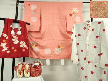 平和屋本店[]極上 創業460年・千總 七五三 女の子 3歳 祝着 襦袢 被布 小物 7点 駒刺繍 絞り 花丸文 珊瑚色地 金彩 伊勢丹 逸品DZAB5220kh6