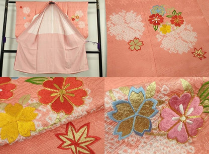 平和屋本店[]極上 創業460年・千總 七五三 女の子 3歳 祝着 襦袢 被布 小物 7点 駒刺繍 絞り 花丸文 珊瑚色地 金彩 伊勢丹 逸品DZAB5220kh6
