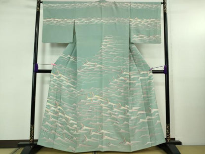 平和屋本店▽極上　本加賀友禅作家　中町博志　訪問着　単衣　立波文　青竹色地　逸品　DZAB5226kh6
