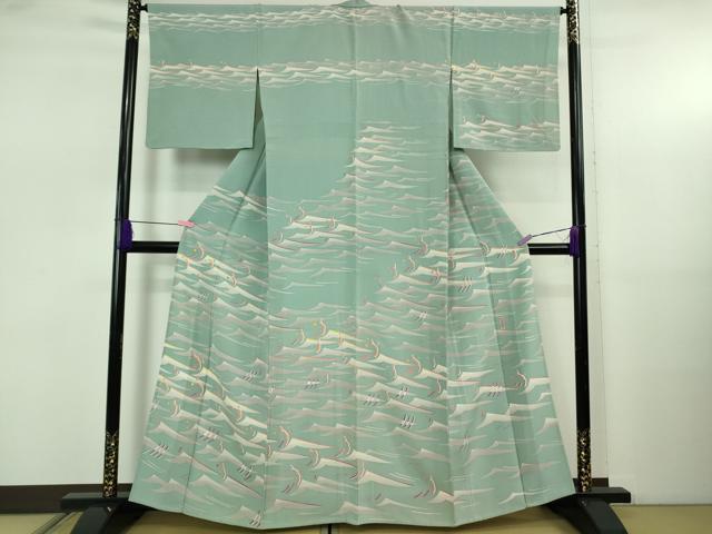 平和屋本店▽極上　本加賀友禅作家　中町博志　訪問着　単衣　立波文　青竹色地　逸品　DZAB5226kh6