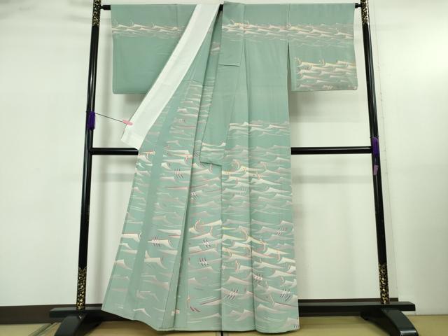 平和屋本店▽極上　本加賀友禅作家　中町博志　訪問着　単衣　立波文　青竹色地　逸品　DZAB5226kh6