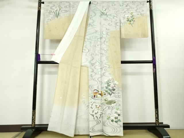 平和屋着物▽極上　人間国宝　羽田登喜男　TOKIOetTOKI　訪問着　単衣　鴛鴦花文　たたき染め　暈し染め　金銀彩　逸品　DZAB5227kh6