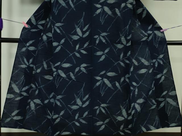 平和屋本店▽極上 人間国宝 重要無形文化財保持者 森山虎雄 正藍絣森山 天然藍染 久留米絣 単衣　枝葉文　綿　反端付き　逸品　DZAB5236kh6