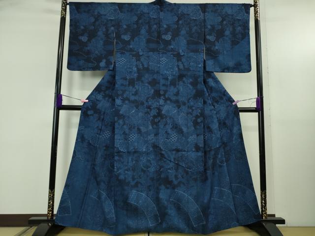 平和屋着物●極上　前田仁仙　仁仙更紗　訪問着　紬地　本藍　地紙花鳥文　逸品　DZAB5249kh6