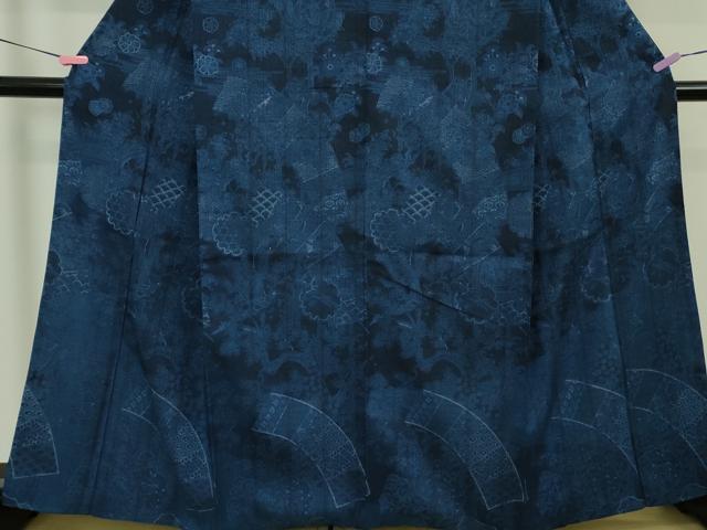 平和屋着物●極上　前田仁仙　仁仙更紗　訪問着　紬地　本藍　地紙花鳥文　逸品　DZAB5249kh6