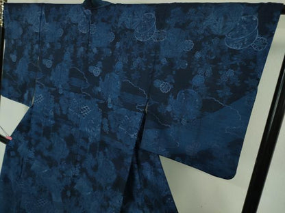 平和屋着物●極上　前田仁仙　仁仙更紗　訪問着　紬地　本藍　地紙花鳥文　逸品　DZAB5249kh6