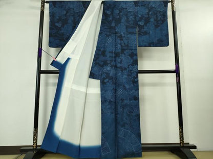 平和屋着物●極上　前田仁仙　仁仙更紗　訪問着　紬地　本藍　地紙花鳥文　逸品　DZAB5249kh6