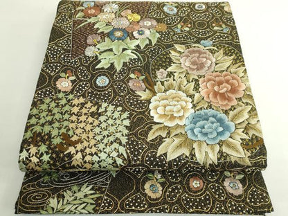 平和屋本店●極上　中国三大刺繍　スワトウ相良刺繍　総刺繍　袋帯　草花文　黒地　金銀糸　逸品　未使用　DZAB5272kh6