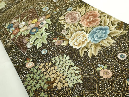 平和屋本店●極上　中国三大刺繍　スワトウ相良刺繍　総刺繍　袋帯　草花文　黒地　金銀糸　逸品　未使用　DZAB5272kh6