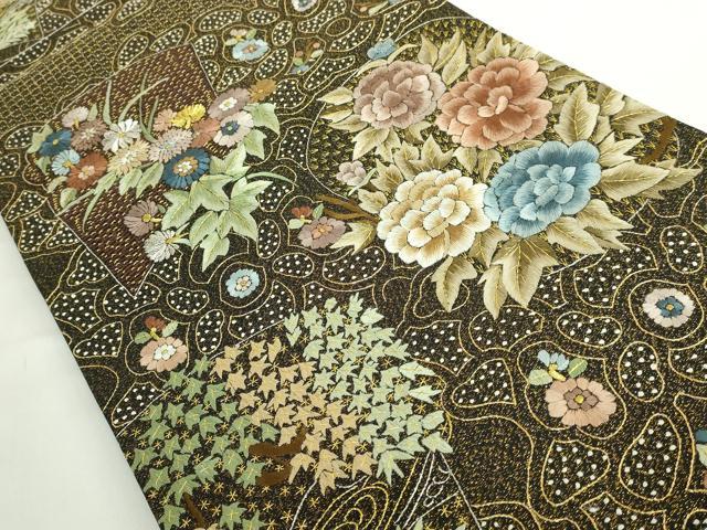 平和屋本店●極上　中国三大刺繍　スワトウ相良刺繍　総刺繍　袋帯　草花文　黒地　金銀糸　逸品　未使用　DZAB5272kh6