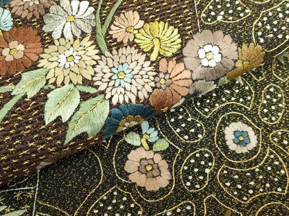 平和屋本店●極上　中国三大刺繍　スワトウ相良刺繍　総刺繍　袋帯　草花文　黒地　金銀糸　逸品　未使用　DZAB5272kh6