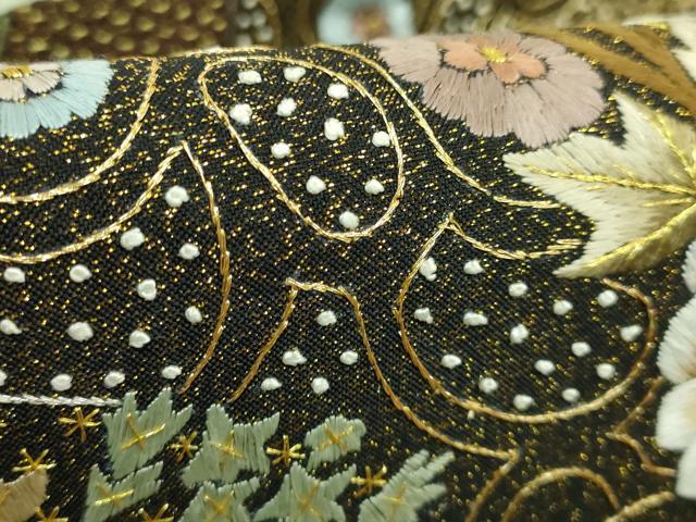 平和屋本店●極上　中国三大刺繍　スワトウ相良刺繍　総刺繍　袋帯　草花文　黒地　金銀糸　逸品　未使用　DZAB5272kh6