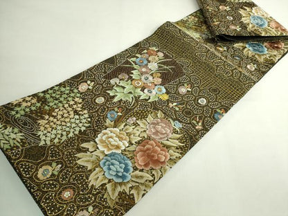 平和屋本店●極上　中国三大刺繍　スワトウ相良刺繍　総刺繍　袋帯　草花文　黒地　金銀糸　逸品　未使用　DZAB5272kh6