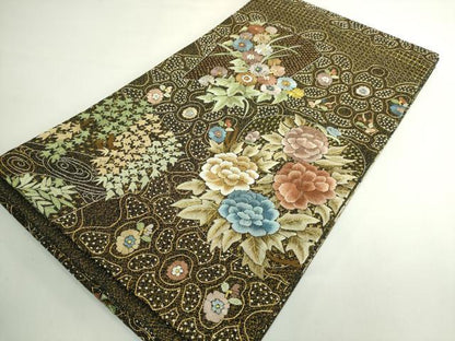 平和屋本店●極上　中国三大刺繍　スワトウ相良刺繍　総刺繍　袋帯　草花文　黒地　金銀糸　逸品　未使用　DZAB5272kh6