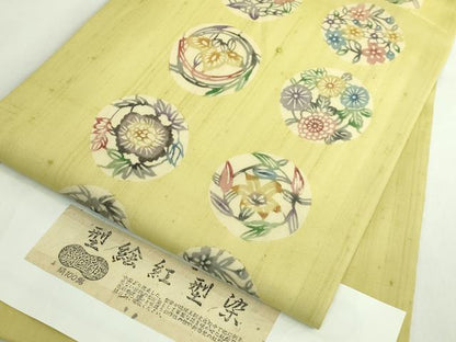 平和屋着物＊極上　夏物　絹芭蕉　九寸名古屋帯　型絵紅型染　花丸文　証紙付き　逸品　DZAB5279kh6
