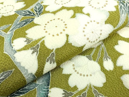 平和屋本店●極上　洛楽人工房　九寸名古屋帯　枝桜　金彩　鬼しぼ縮緬　鶯色地　逸品　DZAB5280kh6