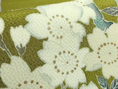 平和屋本店●極上　洛楽人工房　九寸名古屋帯　枝桜　金彩　鬼しぼ縮緬　鶯色地　逸品　DZAB5280kh6
