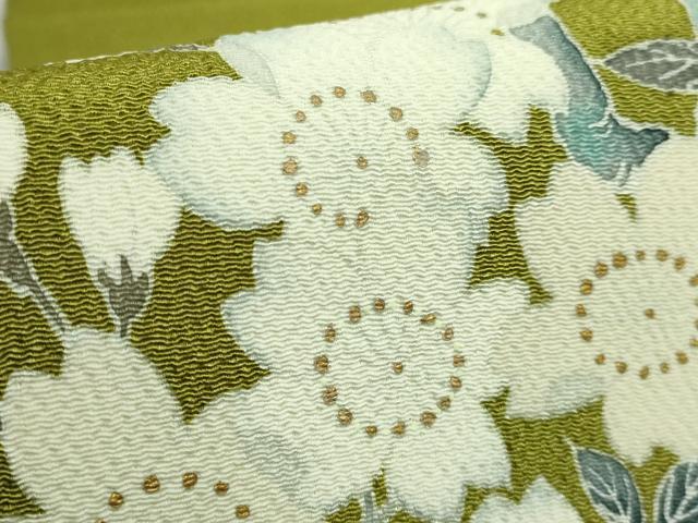 平和屋本店●極上　洛楽人工房　九寸名古屋帯　枝桜　金彩　鬼しぼ縮緬　鶯色地　逸品　DZAB5280kh6