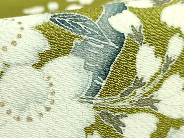 平和屋本店●極上　洛楽人工房　九寸名古屋帯　枝桜　金彩　鬼しぼ縮緬　鶯色地　逸品　DZAB5280kh6
