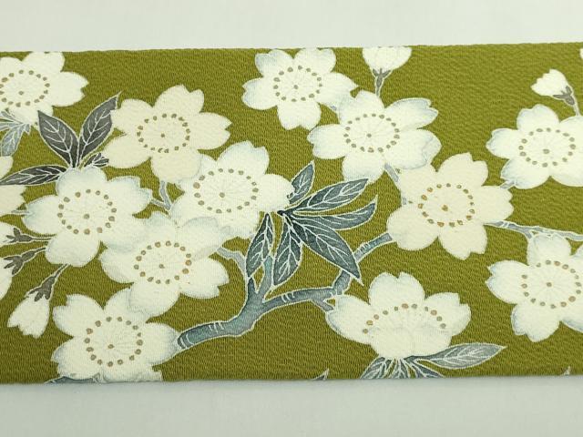 平和屋本店●極上　洛楽人工房　九寸名古屋帯　枝桜　金彩　鬼しぼ縮緬　鶯色地　逸品　DZAB5280kh6