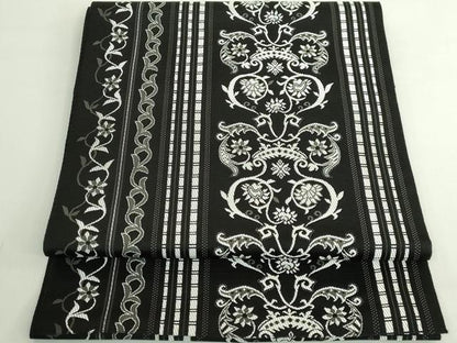 平和屋着物●極上　本場筑前博多織　八寸名古屋帯　花唐草間道　黒地　逸品　DZAB5283kh6
