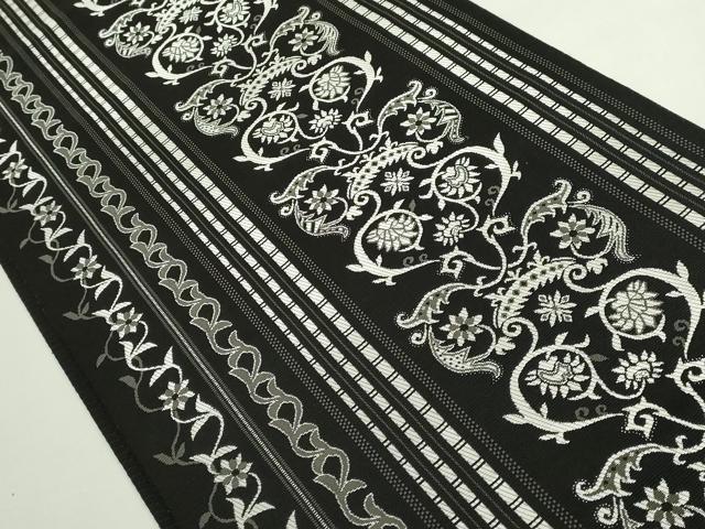 平和屋着物●極上　本場筑前博多織　八寸名古屋帯　花唐草間道　黒地　逸品　DZAB5283kh6