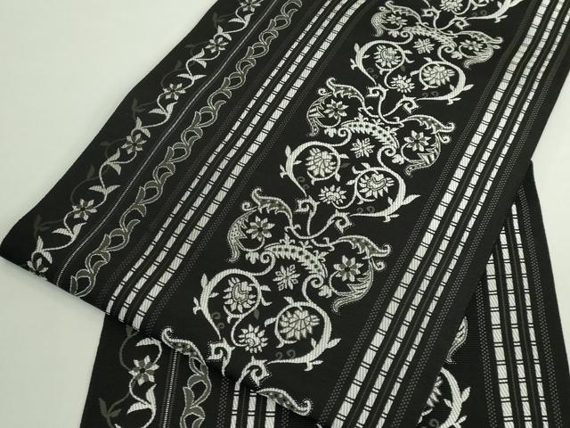 平和屋着物●極上　本場筑前博多織　八寸名古屋帯　花唐草間道　黒地　逸品　DZAB5283kh6