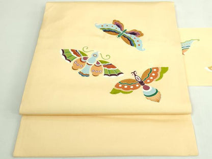 平和屋着物●極上　塩瀬　九寸名古屋帯　刺繍　舞蝶文　逸品　DZAB5305kh6
