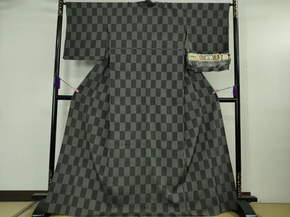 平和屋着物▽極上　本塩沢　単衣　市松文様　証紙付き　逸品　DZAB5367kh6