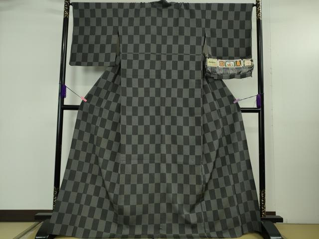 平和屋着物▽極上　本塩沢　単衣　市松文様　証紙付き　逸品　DZAB5367kh6