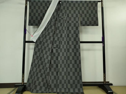 平和屋着物▽極上　本塩沢　単衣　市松文様　証紙付き　逸品　DZAB5367kh6