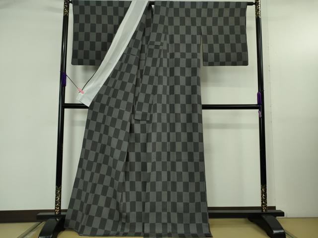 平和屋着物▽極上　本塩沢　単衣　市松文様　証紙付き　逸品　DZAB5367kh6