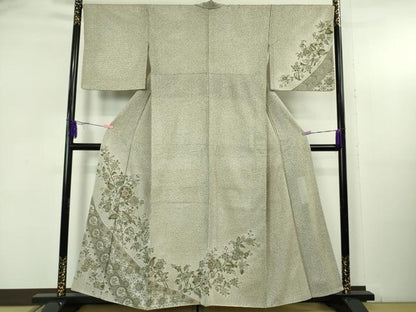 平和屋本店●極上　中国三大刺繍　スワトウ刺繍　汕頭刺繍　訪問着　天目織　更紗花唐草文　亜麻色地　金糸　金通し地　逸品　DZAB5375kh6