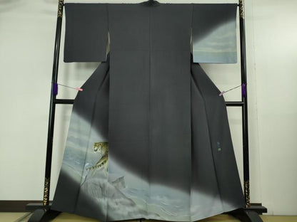 平和屋本店●極上　訪問着　作家物　隆二　手描き　虎　トラ　藍鉄色地　暈し染め　やまと誂製　逸品　DZAB5378kh6