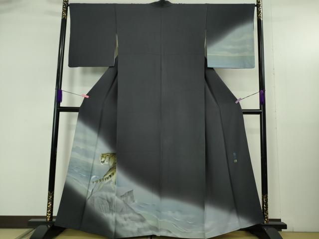 平和屋本店●極上　訪問着　作家物　隆二　手描き　虎　トラ　藍鉄色地　暈し染め　やまと誂製　逸品　DZAB5378kh6