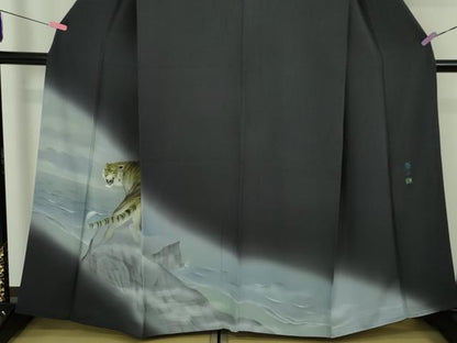 平和屋本店●極上　訪問着　作家物　隆二　手描き　虎　トラ　藍鉄色地　暈し染め　やまと誂製　逸品　DZAB5378kh6
