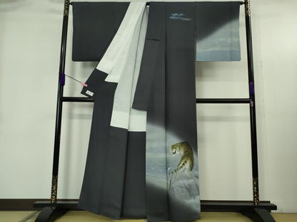平和屋本店●極上　訪問着　作家物　隆二　手描き　虎　トラ　藍鉄色地　暈し染め　やまと誂製　逸品　DZAB5378kh6