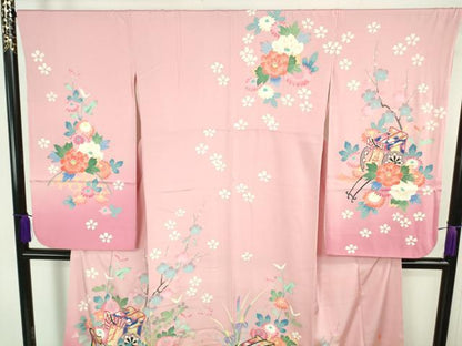 平和屋本店∵極上　本加賀友禅作家 岡本幸治 女の子 十三参り　子供　祝着　御所車花文　石竹色地　暈し染め　三越扱い　逸品　DZAB5381kh6
