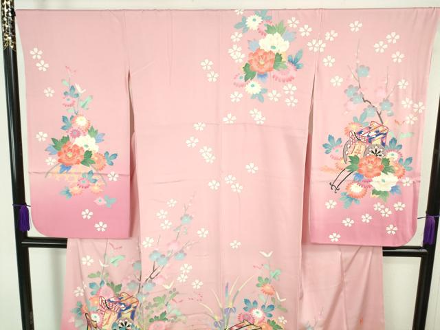 平和屋本店∵極上　本加賀友禅作家 岡本幸治 女の子 十三参り　子供　祝着　御所車花文　石竹色地　暈し染め　三越扱い　逸品　DZAB5381kh6