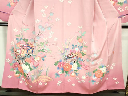 平和屋本店∵極上　本加賀友禅作家 岡本幸治 女の子 十三参り　子供　祝着　御所車花文　石竹色地　暈し染め　三越扱い　逸品　DZAB5381kh6