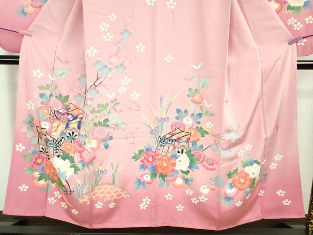 平和屋本店∵極上　本加賀友禅作家 岡本幸治 女の子 十三参り　子供　祝着　御所車花文　石竹色地　暈し染め　三越扱い　逸品　DZAB5381kh6