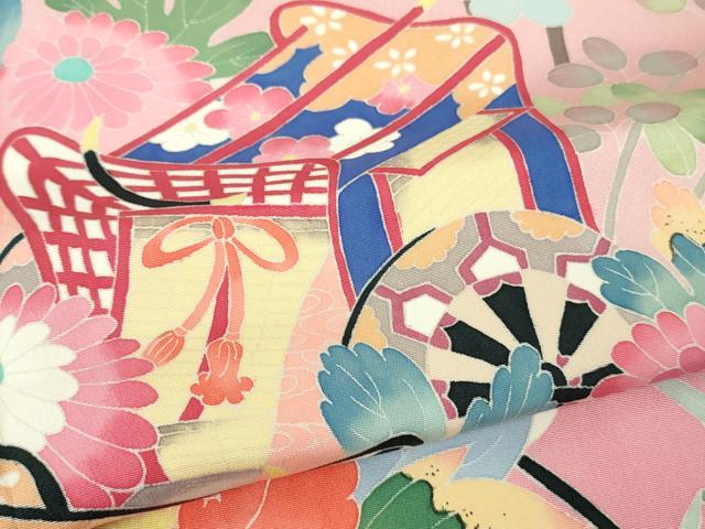 平和屋本店∵極上　本加賀友禅作家 岡本幸治 女の子 十三参り　子供　祝着　御所車花文　石竹色地　暈し染め　三越扱い　逸品　DZAB5381kh6